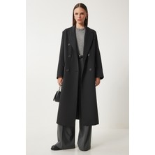 Happiness İstanbul Şal Yaka Oversize Premium Dokuma Ceket Kaban LFN0067 Siyah