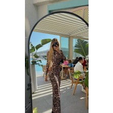 Etiler Collection Kadın Leopar Desenli Sırt Dekoltelı Maxı Boy Elbise