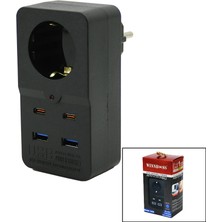 Go İthalat Termal Akım Korumalı  1xpriz 2x USB 2x Type-C Duvar Tipi Priz Siyah 10A - 2500W (5314)