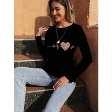 Etiler Collection Kadın Uzun Kollu Bisiklet Yaka Kalp Desenli Bluz