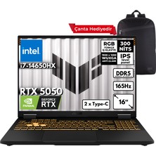 Asus Tuf Gaming F16 I7-14650HX 48-Gbddr5 1 Tbssd RTX5050 (8GB-GDDR7-115W) 16" Wuxga 165Hz Windows 11 Pro + Sırt Çantası FX608JHR-RV048ZG16