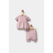 By Bubbles %100 Organik Pamuk Kumaş Dantel Yaka Kız Bebek Şortlu 2'li Takım