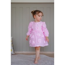 Alyra Kids Kız Bebek Elbise Uzun Kollu Fiyonklu Güllü Doğum Günü Parti Düğün Özel Gün Abiye Kız Çocuk Elbise Pembe ALY1021