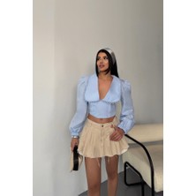 Etiler Collection Crop Poplin Gömlek Yaka Kenar Dantel Detaylı - Bebe Mavi