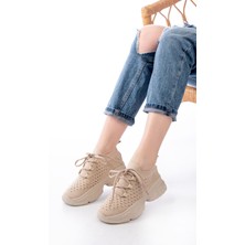 Zerenyus ZRİN-2024 Premium Bej Bağcıklı Triko Taşlı Kadın Spor Ayakkabı