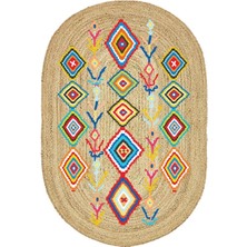 Kilim Home Boho 976 Jüt Hasır Etnik Desenli Oval Jüt Örme Doğal Hasır Natural Oval Halı
