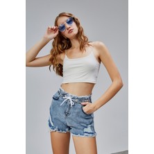 The Fancy Kadın Yüksek Bel Cepli Paçası Püsküllü Pamuklu Kot Şort