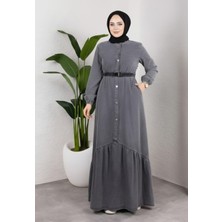 Kadın Düğmeli Kuşaklı Denim Koyu Gri Kot Elbise