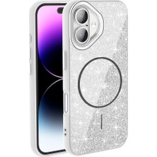 HTstore iPhone Uyumlu 17 Kılıf M-Safe Şarj Özellikli Parlayan Simli Zore Okso Kapak-Beyaz