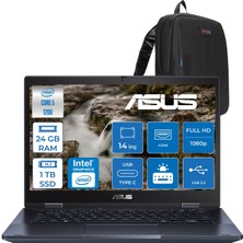 Asus Expertbook B3 Flip Intel Core 5 120U 24GB 1tb SSD Intel Graphics 14'' Fhd Dokunmatik Windows 11 Home Kalemli Katlanabilir Taşınabilir Bilgisayarr C58512B3DH06 + Zettaçanta