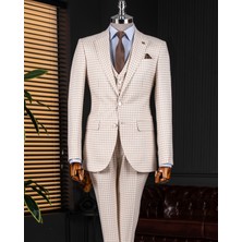 İtalyan stil slim fit kazayağı desenli ceket yelek pantolon takım elbise bej T12789