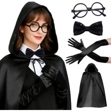 Skygo Siyah Kapüşonlu Büyücü ve Cadı Pelerin Kostüm Seti (4 Parça)