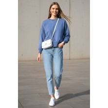 Lupinn Kadın Mavi Bisiklet Yaka Pamuklu Uzun Kollu Rahat Kesim Sweatshirt - Kadın Sweatshirt