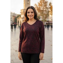 Hermevsim Barem Kadın Lina Büyük Beden Kışlık V Yaka Yumoş Bordo Bluz D06