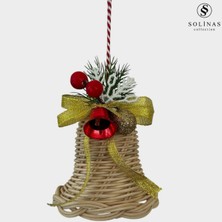 El Yapımı Kırmızı Rattan Çan Kapı Süsü, Gold Kurdeleli, Yeni Yıl Dekoru