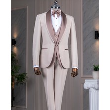 Italyan Stil Slim Fit Şal Yaka Ceket Yelek Pantolon Damatlık Set Bej T13690