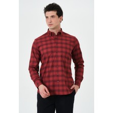 PSY Erkek Kiremit Ekose Cepli Regular Fit Düğmeli Yaka Uzun Kol Gömlek