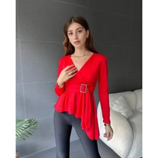 Etiler Collection Kadın Kruvaze Yaka Kemer Detay Asimetrik Kesim Bluz