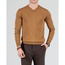 Terzi Adem İtalyan stil slim fit erkek V yaka triko kazak Camel T8734