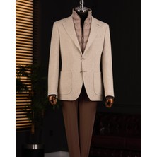 Italyan Stil Slim Fit Desenli Kapitone Çıkma Yaka Torba Cep Ceket Bej T15123