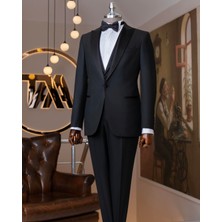 Italyan Stil Slim Fit Sivri Yaka Ceket Yelek Pantolon Damatlık Set Siyah T14888