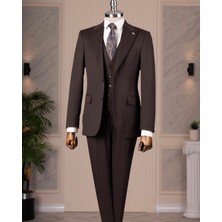 İtalyan stil slim fit sivri yaka ceket yelek pantolon takım elbise kahverengi T14860
