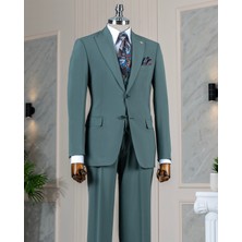 Italyan Stil Slim Fit Ceket Yelek Pantolon Takım Elbise Yeşil T14580