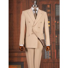 Italyan Stil Slim Fit Kruvaze Ceket Pantolon Takım Elbise Bej T14856