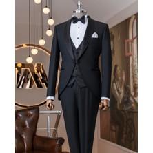 Italyan Stil Slim Fit Şal Yaka Ceket Yelek Pantolon Damatlık Set Siyah T14886