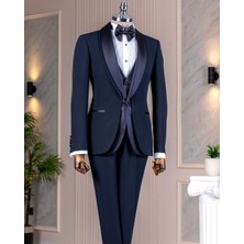 Italyan Stil Slim Fit Şal Yaka Ceket Yelek Pantolon Damatlık Set Lacivert T14884