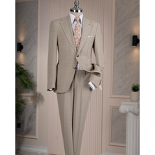 İtalyan stil slim fit sivri yaka ceket pantolon takım elbise bej T14745