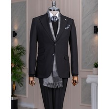 Italyan Stil Slim Fit Mono Yaka Ceket Pantolon Takım Elbise Siyah T14750