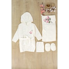 Sitilin Kız Erkek Bebek Beyaz Unisex Lüks Bornoz Takımı  Havlu Seti % 100 Pamuk Kumaş 0- 2 Yaş STL7127
