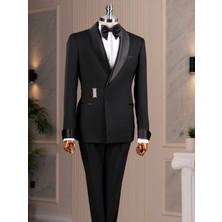 Italyan Stil Slim Fit Şal Yaka Ceket Pantolon Damatlık Set Siyah T14914