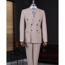 Italyan Stil Slim Fit Kruvaze Ceket Pantolon Takım Elbise Bej T14739