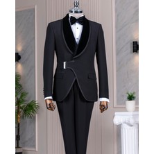 Italyan Stil Slim Fit Şal Yaka Ceket Yelek Pantolon Damatlık Set Siyah T14892