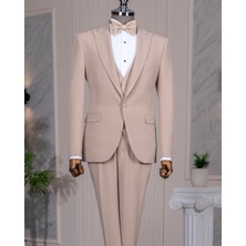 Italyan Stil Slim Fit Sivri Yaka Ceket Pantolon Damatlık Set Bej T14880