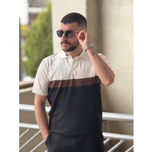 Tunahan Erkek Giyim Slimfit Kesim Erkek Polo Yaka Parçalı Desen Triko Tshirt-Beyaz