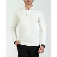 Italyan Stil Slim Fit Polo Yaka Triko Kazak Beyaz T14516