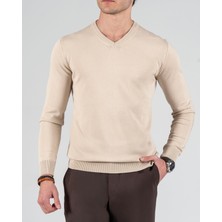 Italyan Stil Slim Fit Erkek V Yaka Triko Kazak Bej T8737