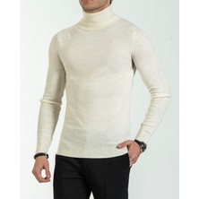 Italyan Stil Slim Fit Triko Balıkçı Yaka Boğazlı Kazak Ekru T13094