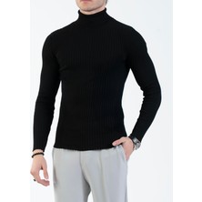 Italyan Stil Slim Fit Fitilli Boğazlı Triko Erkek Kazak Siyah T10622