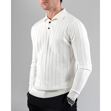 Italyan Stil Slim Fit Polo Yaka Triko Kazak Beyaz T14489