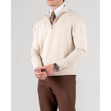 Italyan Stil Slim Fit Fermuarlı Polo Yaka Triko Kazak Taş T14510