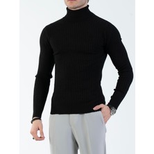 Italyan Stil Slim Fit Fitilli Boğazlı Triko Erkek Kazak Siyah T13148