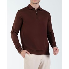 Italyan Stil Slim Fit Fermuarlı Polo Yaka Triko Kazak Kiremit T14514