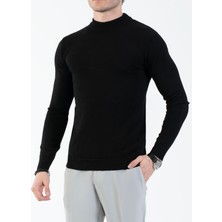 Italyan Stil Slim Fit Erkek Yarım Boğazlı Triko Kazak Siyah T13601