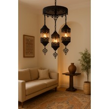 Uçar Otantik Osmanlı Modern Tasarım Yatak Odası Salon Mutfak Otel Cafe Siyah Renk Camlı 3 Lü Avize