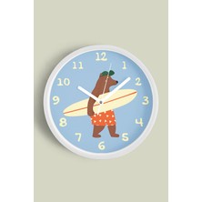 JHAAR Sorfçü Ayı Çocuk Odası Duvar Saati - 30cm - Önü Camlı Beyaz Kasa