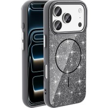 HTstore iPhone Uyumlu 17 Pro Max Kılıf M-Safe Şarj Özellikli Parlayan Simli Zore Okso Kapak-Siyah